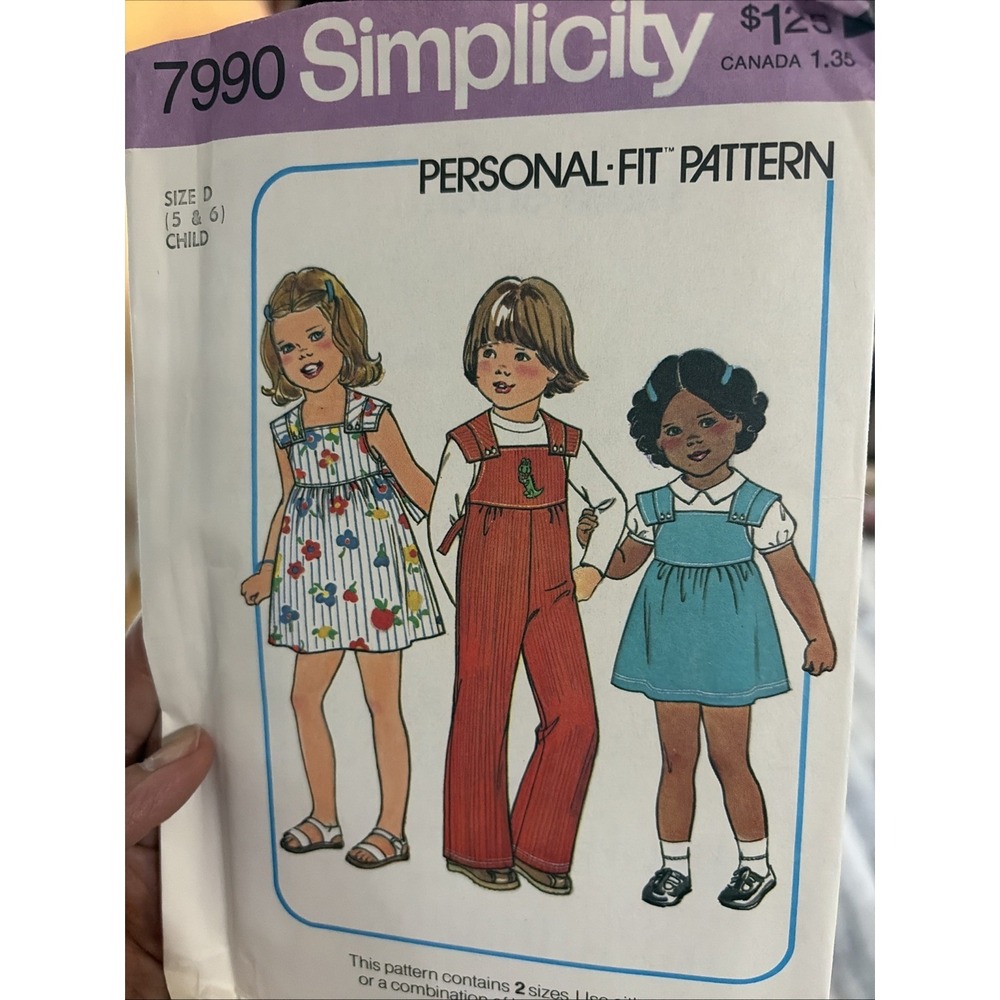 Vintage 1970s Simplicity 7990 Girls Dress Jumper Overalls Pattern Uncut 5 6